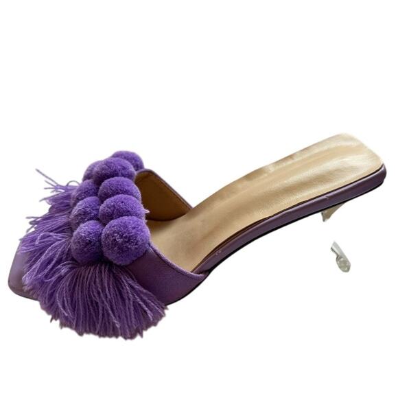 Women's Mules Clear Heels Pom Pom Tassel purple Size 6.5 - Picture 3 of 9